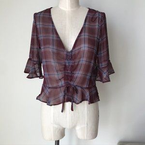 [LF] Plaid Sheer Ruffle Front Top